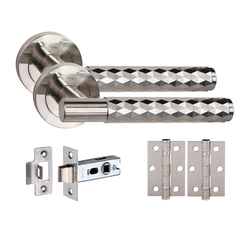 Golden Grace 4 Set Knurled Diamond Cut T-Bar Door Handle Set with Ball Bearing Hinges and Latch