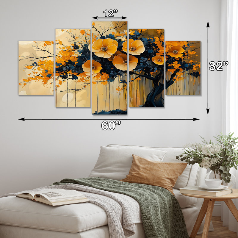 Or et bleu cerisier Silhouette III - ensemble d'art mural cerisier en fleurs