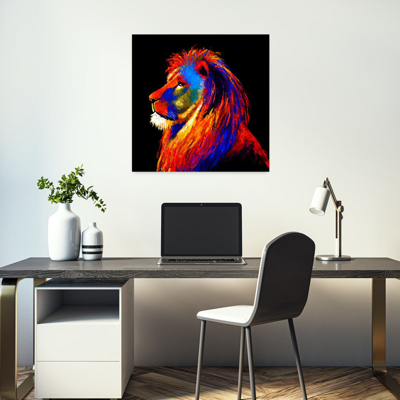 Art contemporain avec lion, H 18 po x l 18 po
