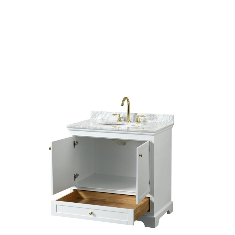Deborah 36" White and Gold Single Bathroom Vanity with Marble Countertop