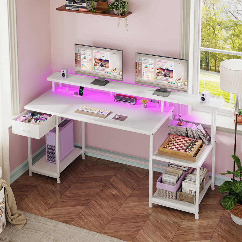 55"W Home Office Computer Desk With Drawers & Printer Shelf,Gaming Desk With Monitor Stand & LED Lights,Writing Desk With Power Outlets