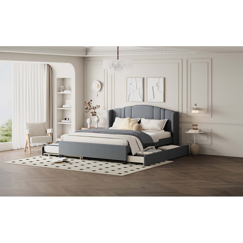 Lit plateforme tapissier avec tête de lit à oreilles, lit gigogne simple et 2 tiroirs, gris