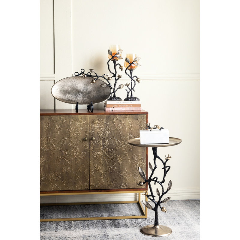 Table d'appoint de 24 pouces de hauteur en aluminium noir et or avec motif de grenade, grande table de bout, présentoir ou support à plante