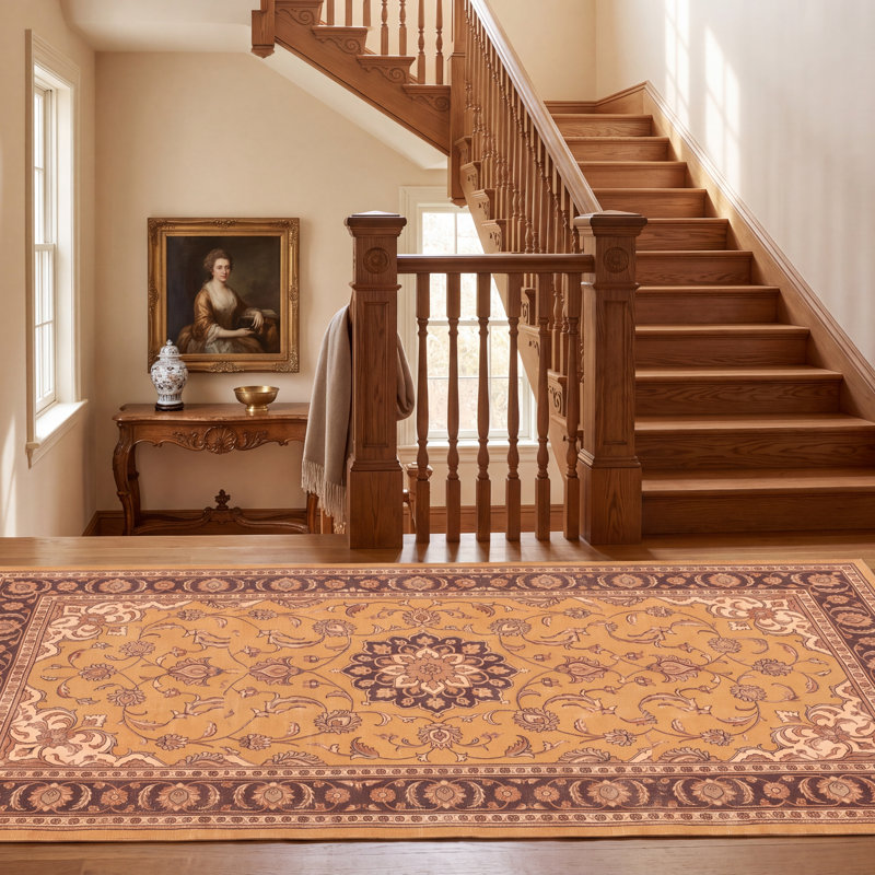Tapis Grove2 traditionnel persan audacieux, orange, vert et crème, lavable en machine, antidérapant, à poils courts, pour intérieur et extérieur, adapté aux animaux domestiques, idéal pour le salon, la chambre, la salle à manger, l'entrée, le corridor ou le bureau.