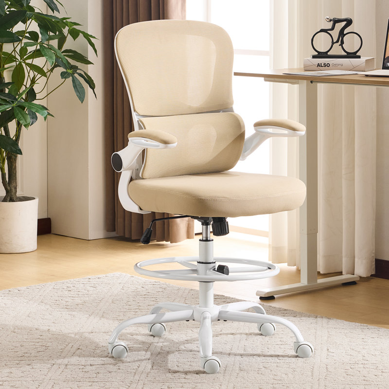 Inbox Zero Ergonomic Mesh Drafting Chair with Adjustable Footrest, Khaki, White
