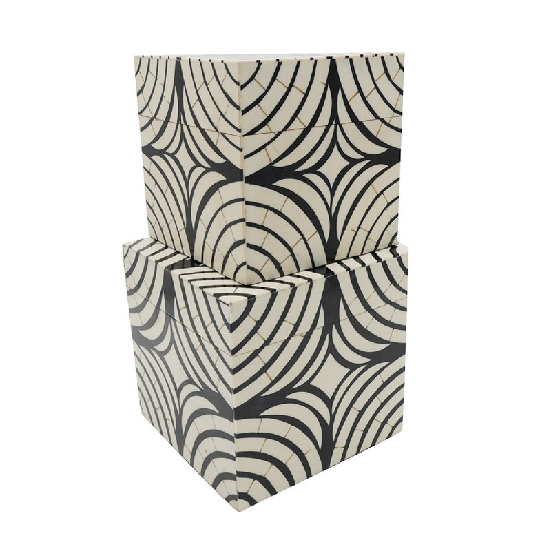 Black and White Geometric Pattern Stackable Lidded Storage Boxes, Set of 2