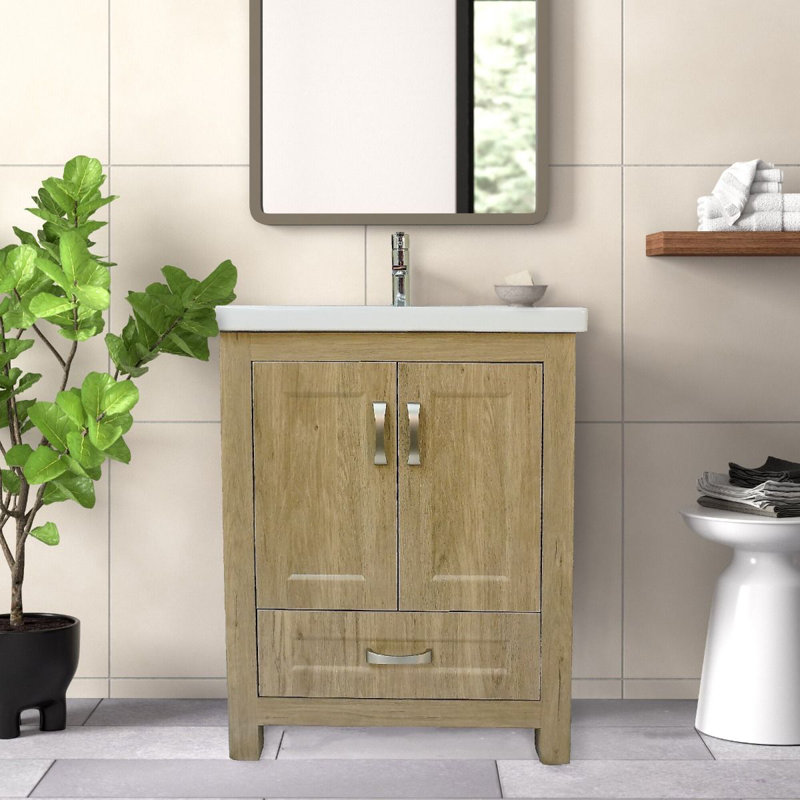24'' Medium Brown PVC Freestanding Bathroom Vanity with Ceramic Top