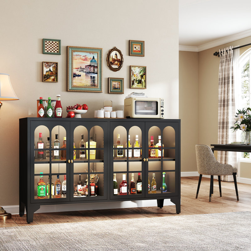 Buffet en métal l 53,2 po avec porte vitrée, tablettes réglables, lumière DEL COB, Noir