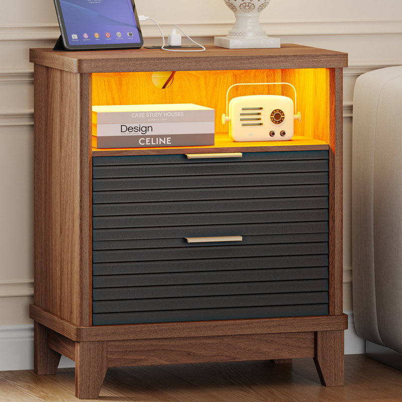 2 Drawers Wood Nightstand with LED Open Cubby Fluted End Table Charging Station , Black/Walnut, Individual