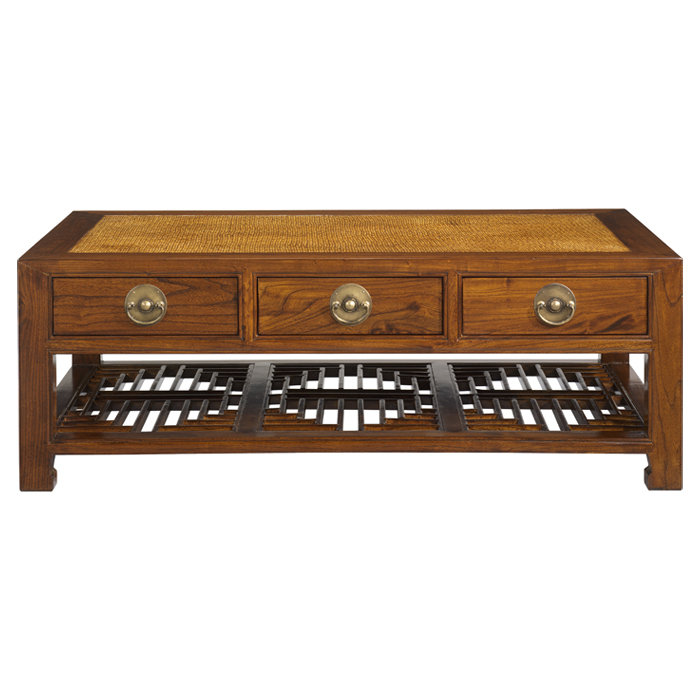 Hangzhou Solid Wood Four Leg Coffee Table with Storage, Warm Elm