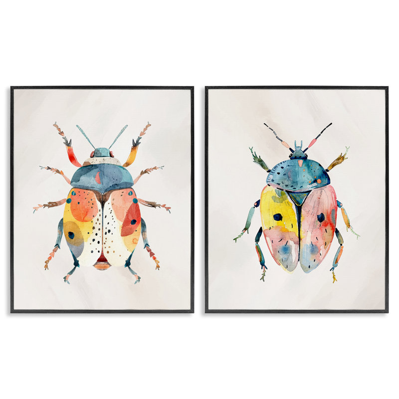 Ensemble de 2 giclées encadrées colorées Boho Beetles, design par Kim Allen, H 14 po x l 11 po, Giclée encadrée noir minuit