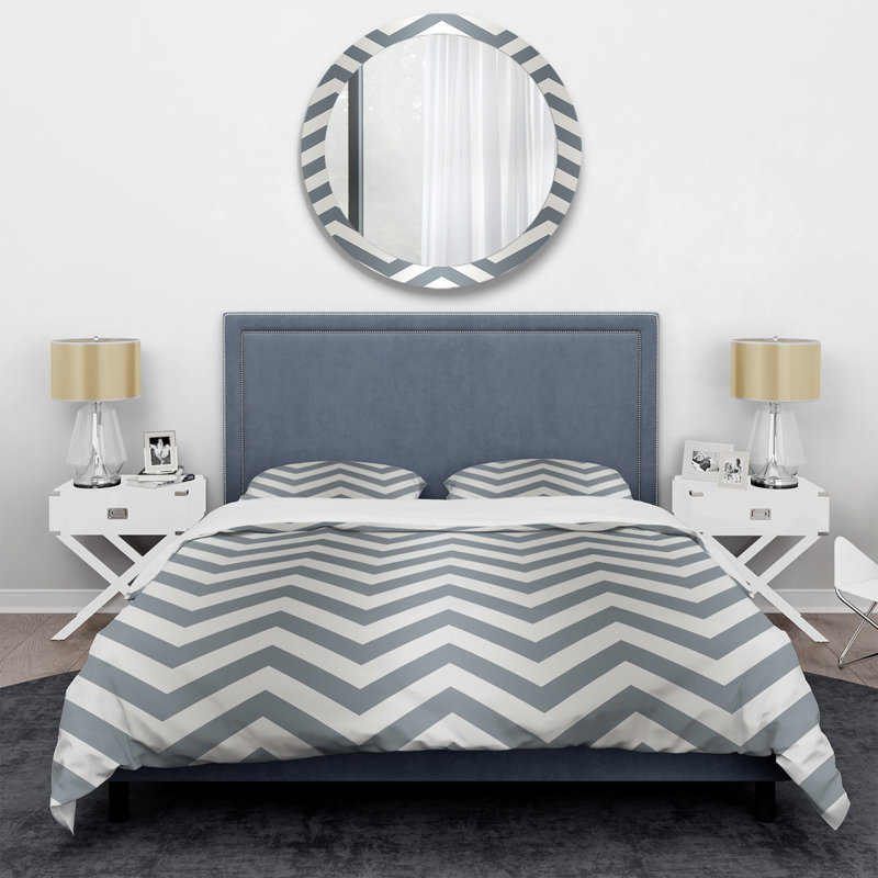 Literie à motif de chevrons géométrique gris et blanc neutre, Housse de couette pour très grand lit et 2 très
