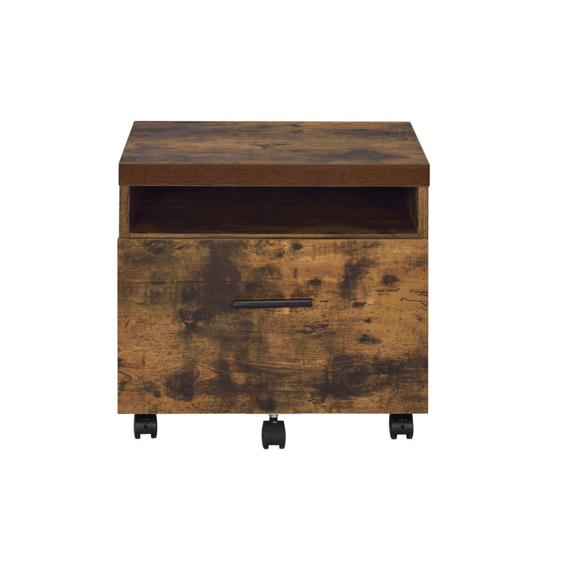 Classeur rectangulaire en chêne vieilli et assemblé, plateau en bois, pieds en métal, compartiment verrouillé avec rangement, poignée de tiroir verrouillable