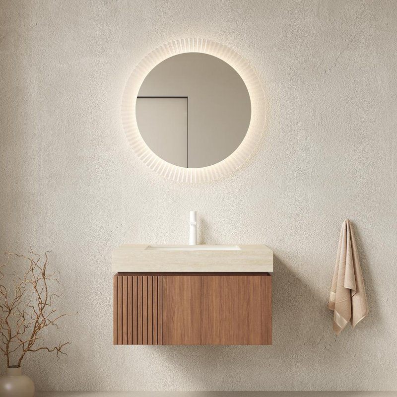 Valenza Modern Bathroom Vanity with Travertine-Pattern Sintered Stone Countertop and Ceramic Basin, Espresso