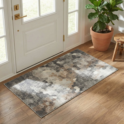 Tapis d'entrée gris / beige 2 pi x 3 pi (2 pi 3 po x 3 pi 3 po) à motif de mosaïque gris / beige, tapis d'entrée contemporain, à poils courts et résistant aux taches - Porte d'entrée, vestibule, couloir et cuisine