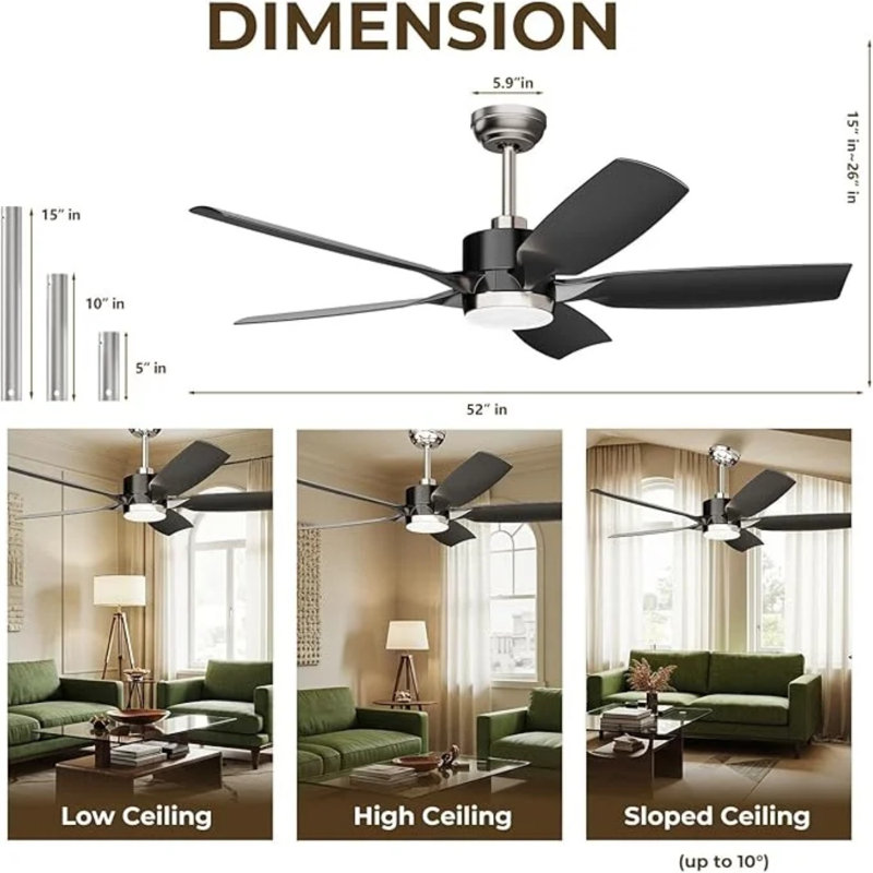 52" 5-Blade Ceiling Fan with Light: Remote, Reversible DC Motor, 6 Speeds, 3-Color LED, Ultra-Quiet (45dB), Timer, Black