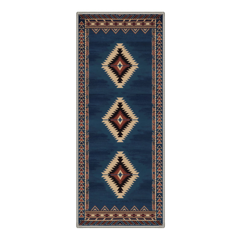 Abrahamson Vega Geometric Machine Washable Blue / Brown Indoor Area Rug with Non-Slip Backing, Runner 2' x 7'