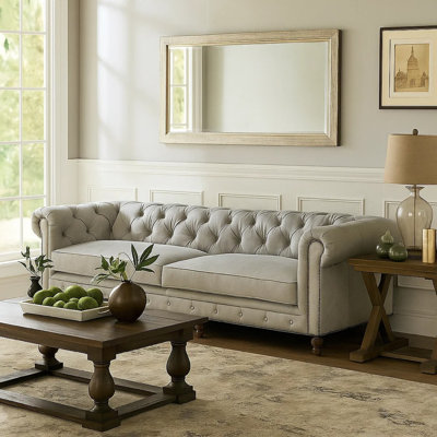 Ahrie Contemporary 122"L Leather Upholstered Sofa in Vintage White