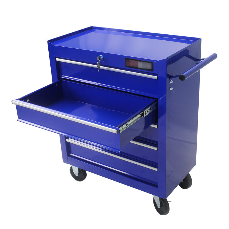 Armoire à outils 5 tiroirs Garage avec serrure et 4 roulettes, roulettes bleues pour l'organisation, Blue