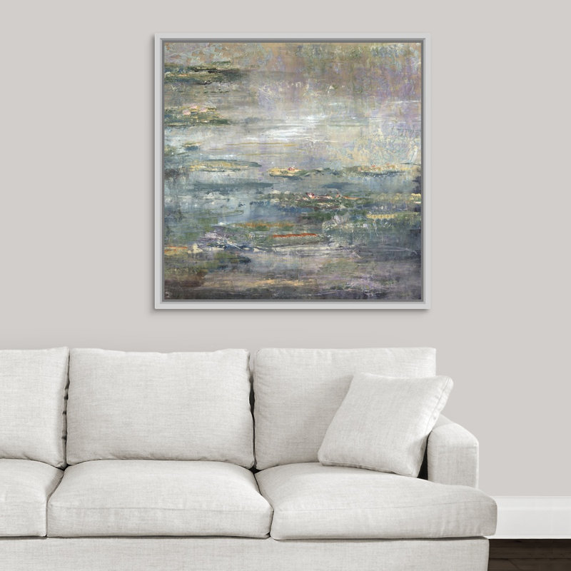 «Twilight Lilies II», peinture sur toile, H 37,7 po x l 37,7 po x P 1,75 po, Cadre flottant blanc