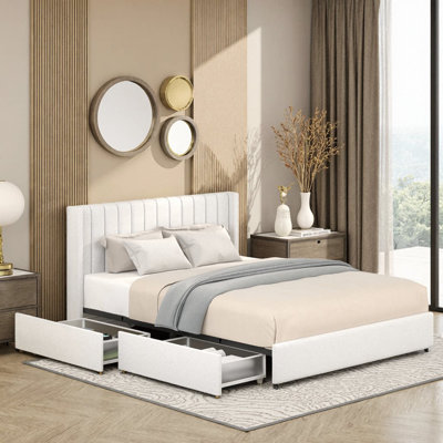 Queen Size Ivory Boucle Upholstered Platform Bed with Patented 4‑Drawer Storage | Tufted Channel Headboard, Wood Slats, No Box Spring Needed