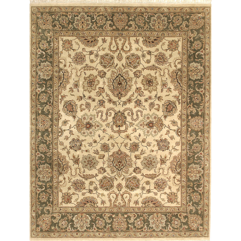 Tapis crème et olive noué à la main de haute qualité, Rectangle de 5 pi x 8 pi
