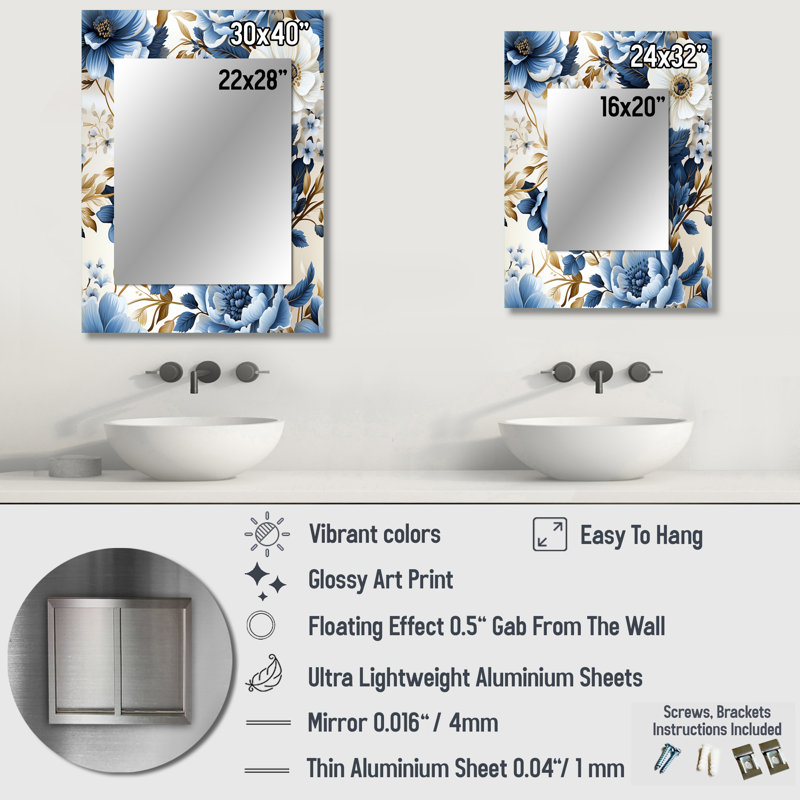 Toile exotique bleue et blanche Celica - miroir floral, miroir mural décoratif de campagne, impression d'art en métal