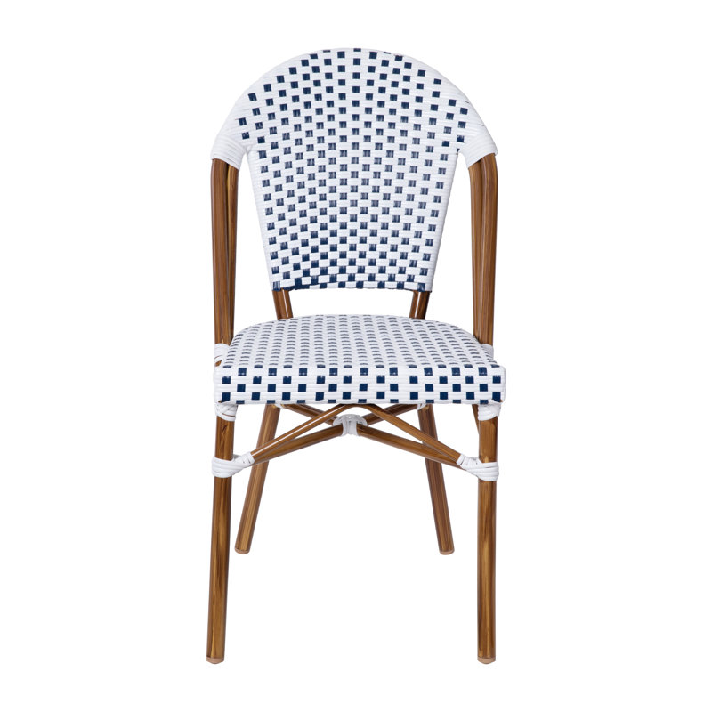 White and Navy Checkered PE Rattan Armless Side Chairs