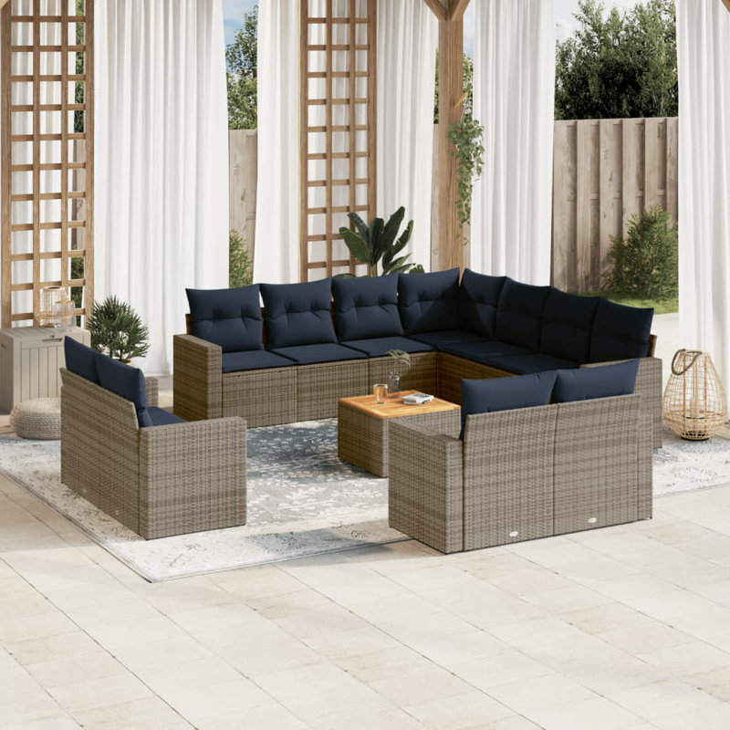 12 Piece Patio Sofa Set With Cushions Poly Rattan, Grey, Dark Blue