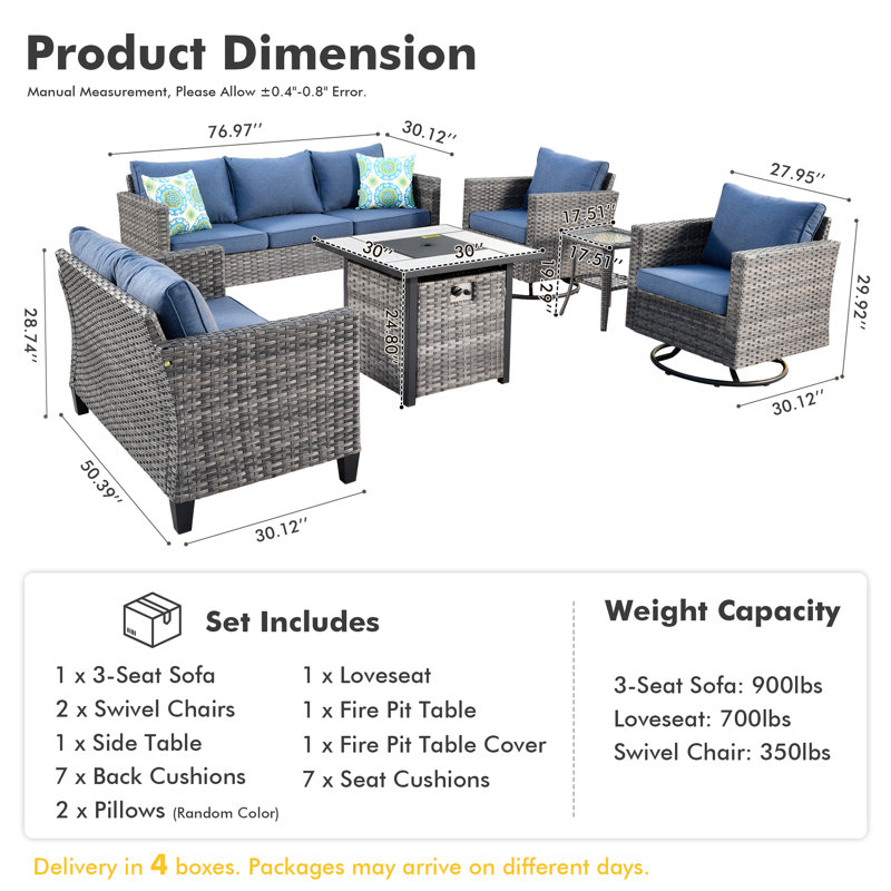 Ensemble de conversation pour patio en osier / rotin 7 personnes avec coussins Harbin, Bleu denim