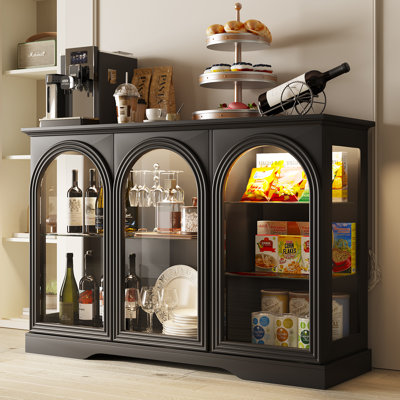 47.2"W Sideboard Buffet Cabinet with 3 Glass Doors, Adjustable Shelves, LED and Human Body Sensors