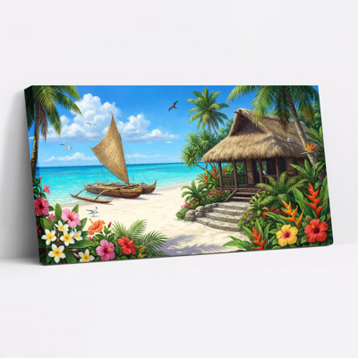 Tropical Beach Scene With Palm Trees Hut And Boat Canvas Wrapped Wall Art Oil Painting Print Set Of 1
