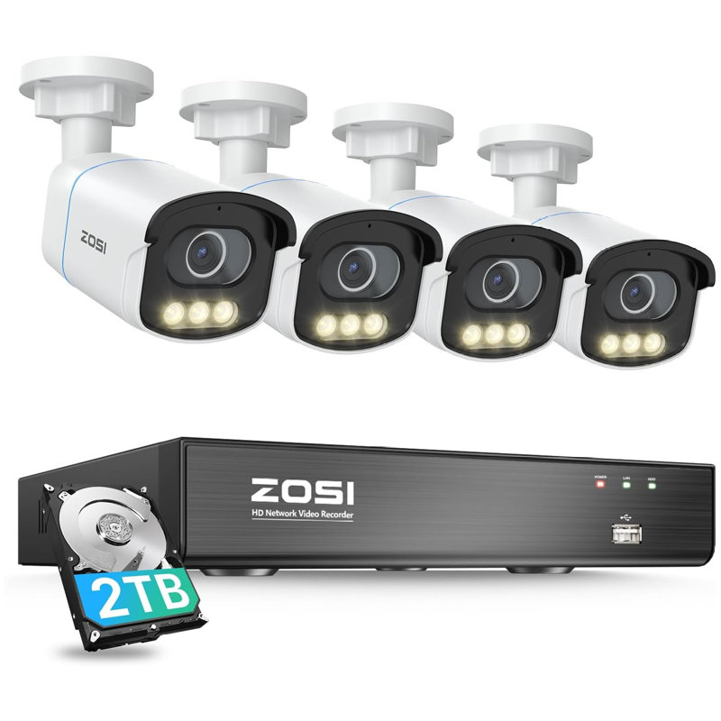 Système de caméra de sécurité 8CH 4K PoE NVR 2TB HDD, caméra de sécurité d'extérieur 4 x 5MP, vision nocturne couleur, audio bidirectionnel
