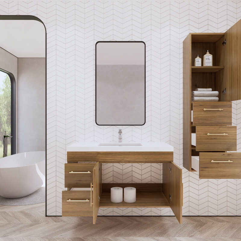 Dessens 42" Wall-Mounted Single Bathroom Vanity Set, Natural Oak