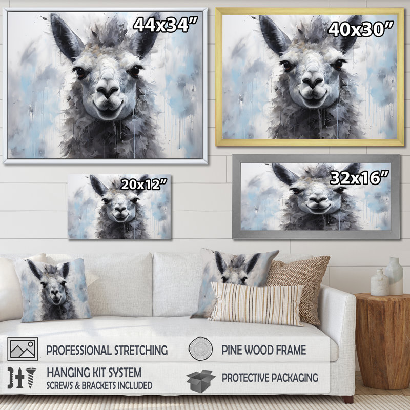 Portrait d'un lama gris sur toile, Cadre flottant blanc, H 16 po x l 32 po x P 1 po
