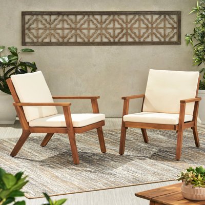 Fauteuils club d'extérieur en bois avec coussins bruns - structure solide, siège à lattes ouvertes à eau, capacité de 300 lb, l 26,15 po x P 31,77 x H 30,1 po pour 2 coussins beiges