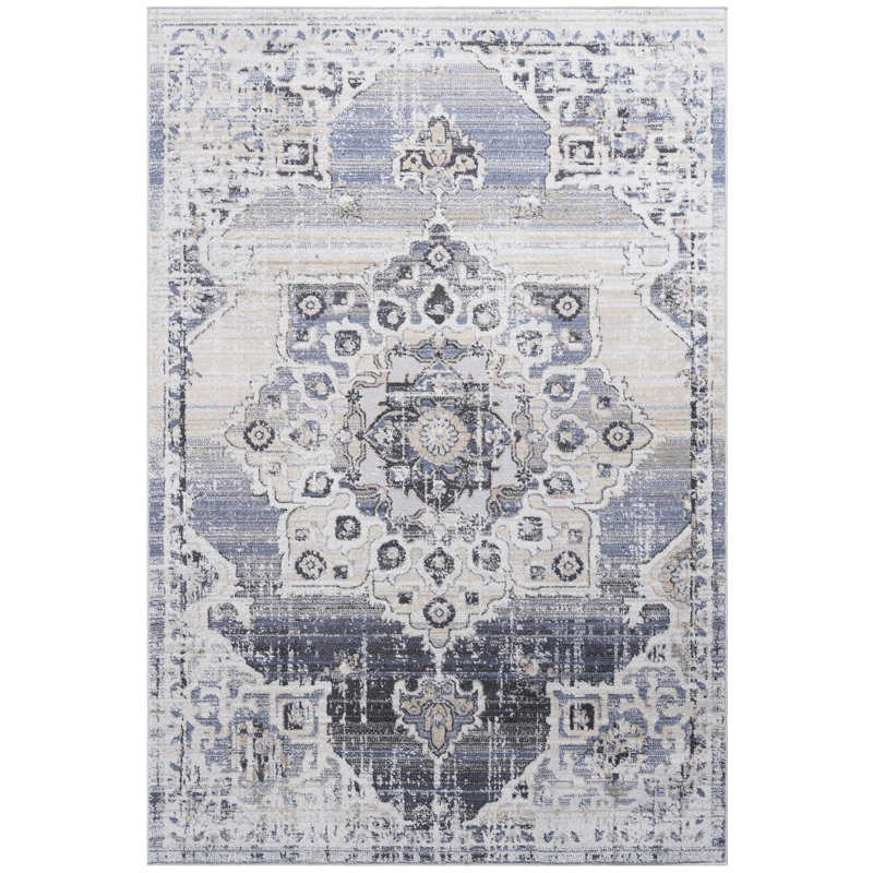 Tapis 8 x 10 médaillons crème / bleu - sans perte de teinture, teinture pour cuisine, bureau à domicile - salle à manger, cuisine