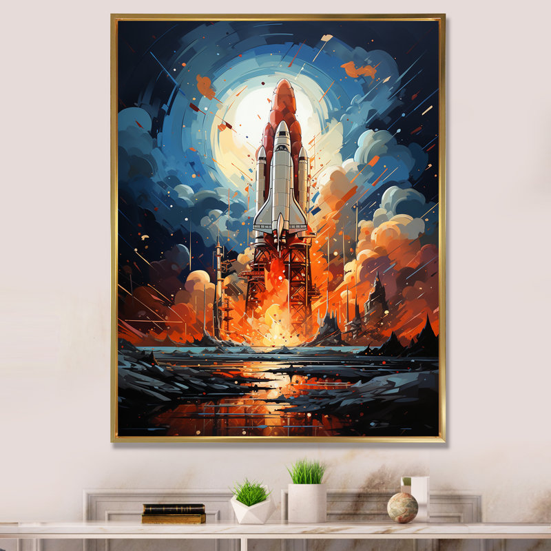 «Expressionist Space Shuttle Burst IV», reproduction sur toile, Cadre flottant doré, H 40 po x l 30 po x P 1,5 po