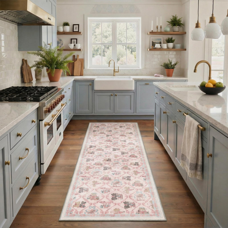 Bear Print Machine Washable Blue/Pink/Beige Kids Area Rug With Non-Slip Backing, Runner 2' x 6'