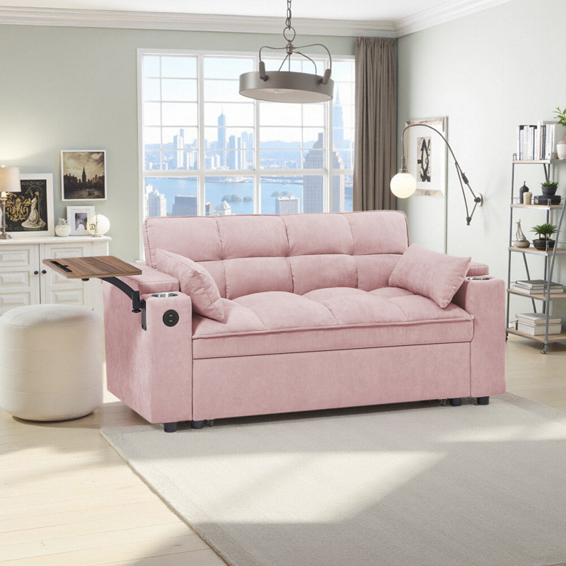 Canapé-lit en tissu avec accoudoirs et table d'appoint , Rose