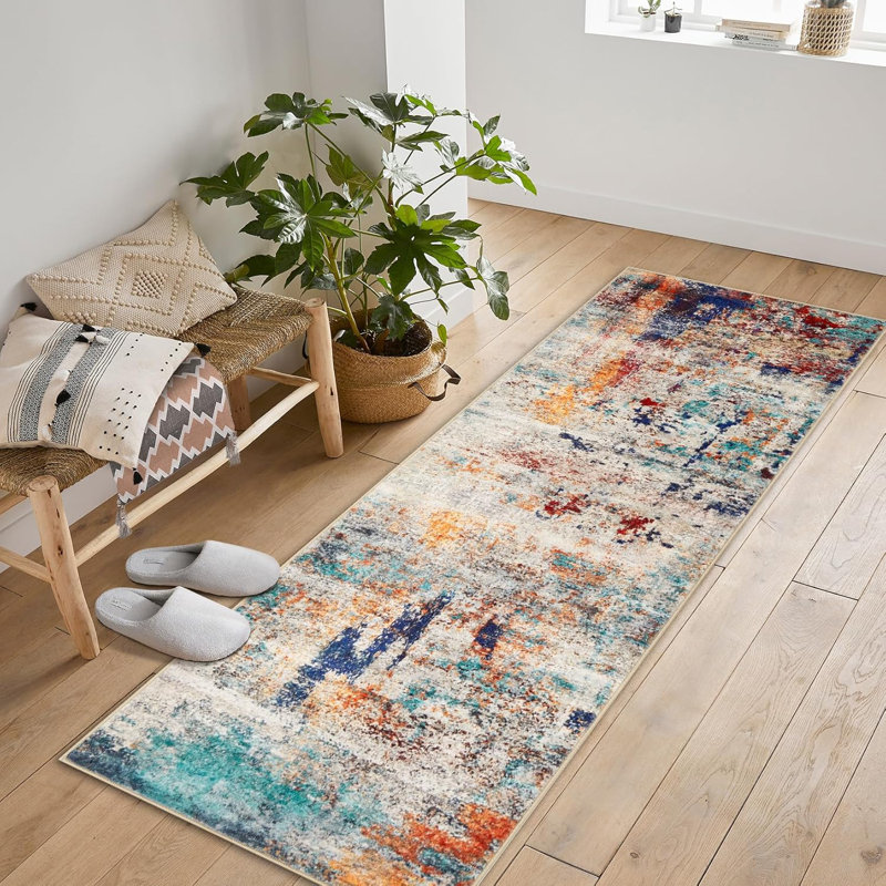 Washable Area Rugs Non-Slip Modern Abstract Soft for Living Room Entryway Bedroom, Print Pattern, Teal Blue Orange Rust Red Coloreful