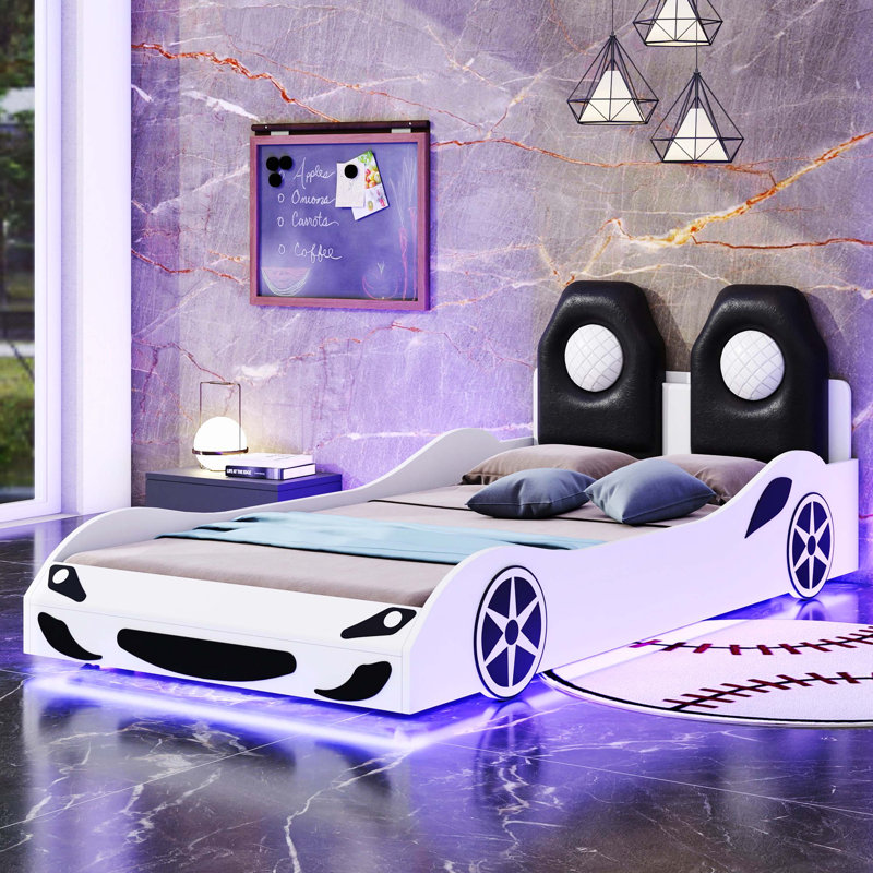 Lit plateforme en bois pour voiture de course avec lumières à DEL et panneau de dossier rembourré doux, blanc, Blanc
