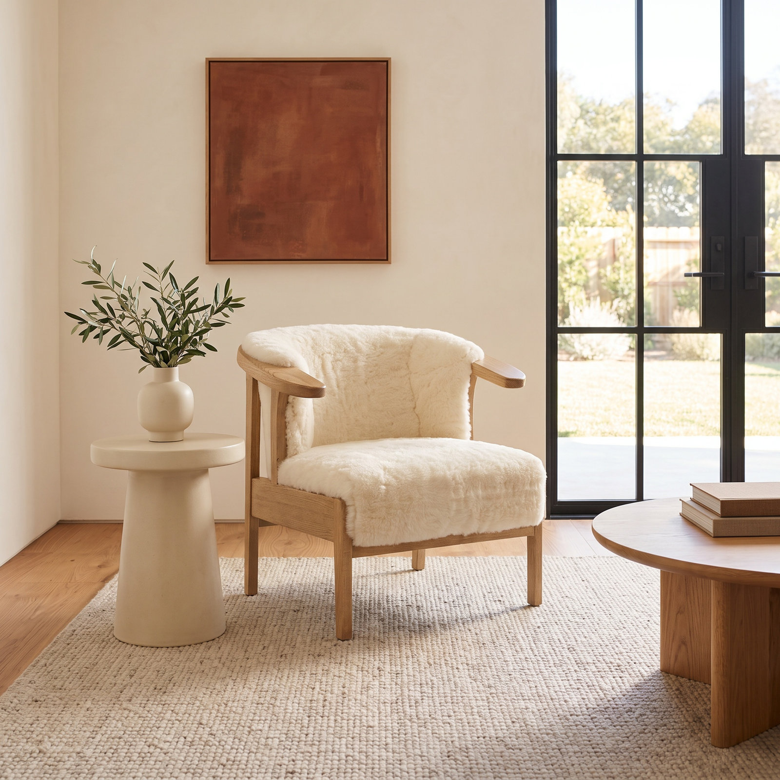 Oak Armchair, Cream Shearling, Aged Smoked Oak