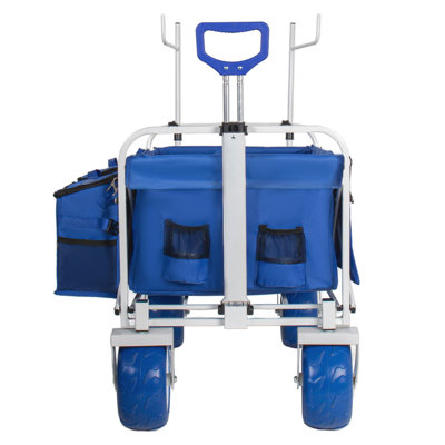 Chariot de plage avec porte-chaises et roulettes tout-terrain de 9 po, chariot pliant robuste de 500 lb, poignée réglable, glacière et sacs de rangement pour la plage, le camping, le jardin et les sports de plein air, bleu