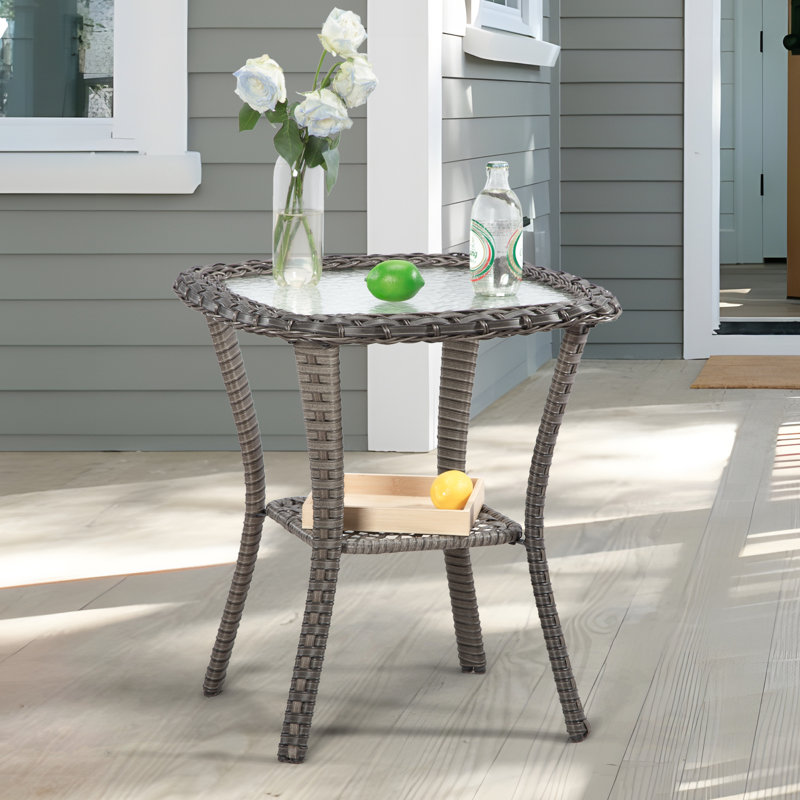 Outdoor Square Wicker Rattan Side Table With Built-In Glass, Brown