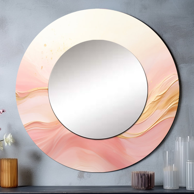 Rimantas Gold And Pink Soft Wave Fusion II - Abstract Shapes Decorative Wall Mirror, Beige Large Round Mirror, Printed Metal Art