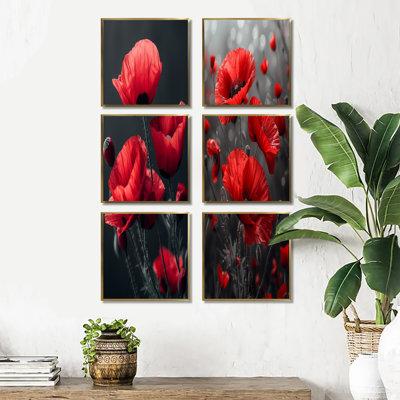 Rouge, noir, coquelicots, charme monochrome - coquelicots, ensemble de 6 impressions sur toile
