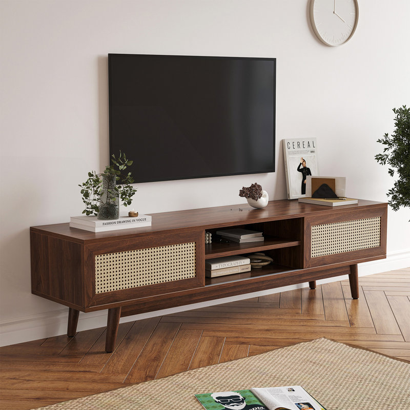 Meuble télé en rotin avec rangement, console média moderne Mid-Century Boho