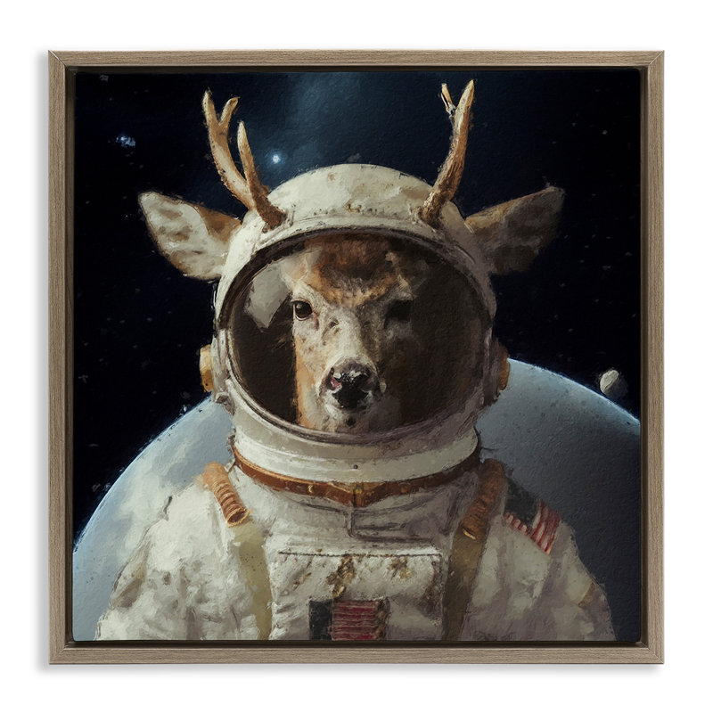 «Space Astronaut Deer» par Sean Parnell, H 18 po x l 18 po, Cadre flottant gris lustré
