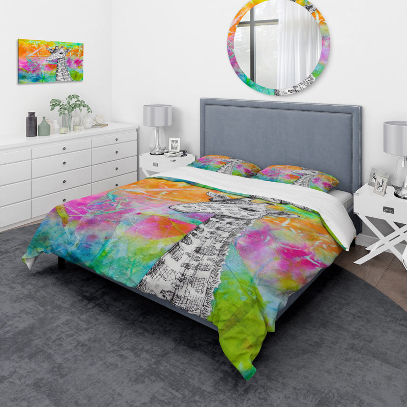Girafe blanche dessin sur arc-en-ciel - ensemble de housse de couette Art pour enfants - microfibre de polyester